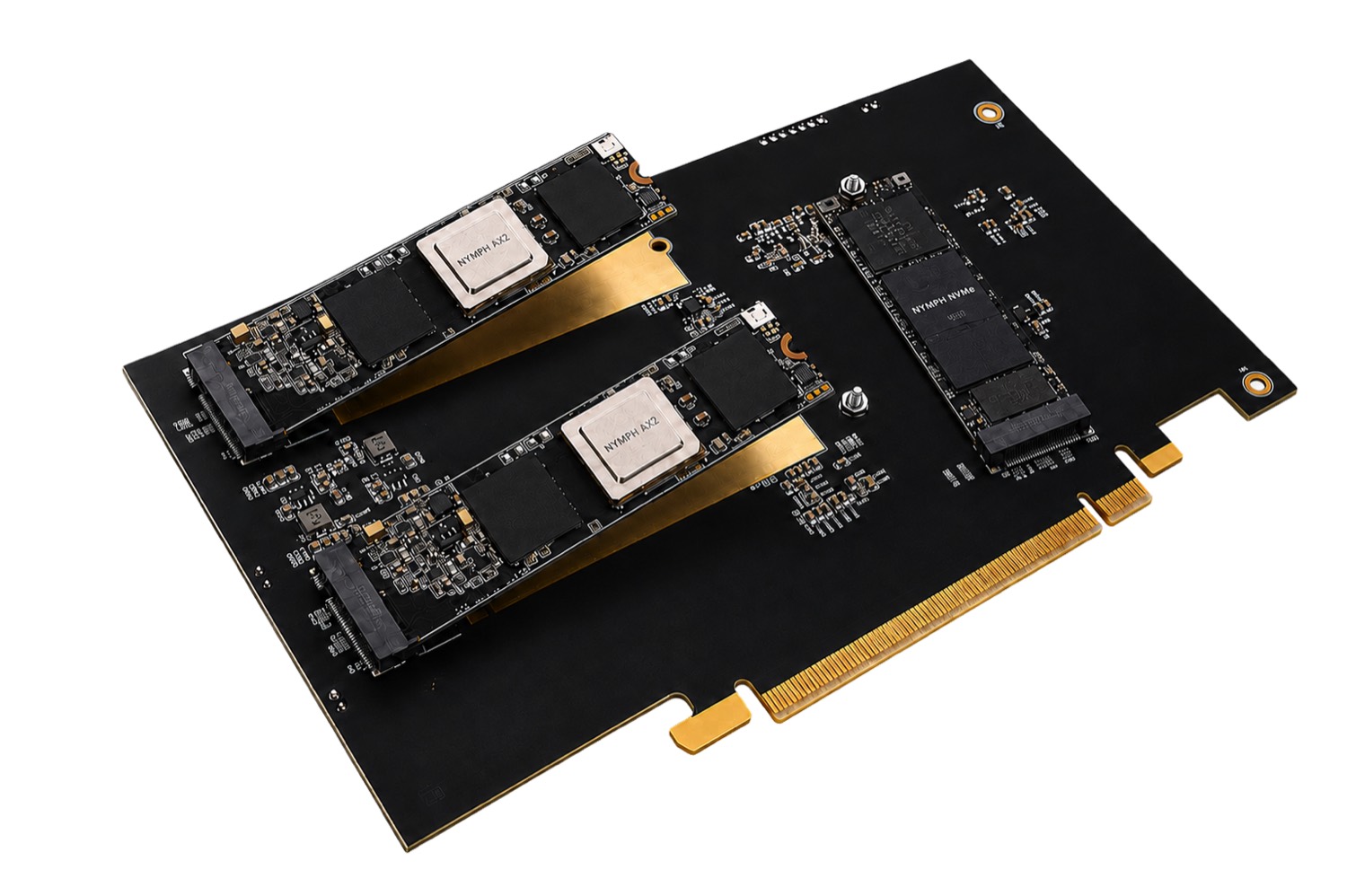 SUPERION AX2 add-in card: two accelerator modules and a dedicated NVMe position on a single PCIe board